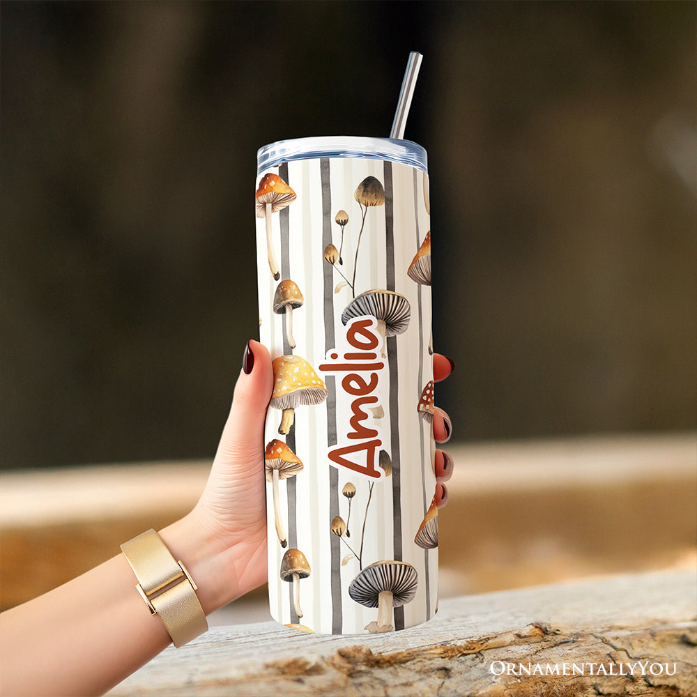 Vintage Woodland Mushroom Pattern 20oz Personalized Tumbler With Lid and Stainless Steel Straw, Forest Forager Nature Gift Cup