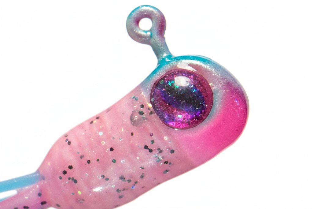 Close-up of jig eye and sparkles